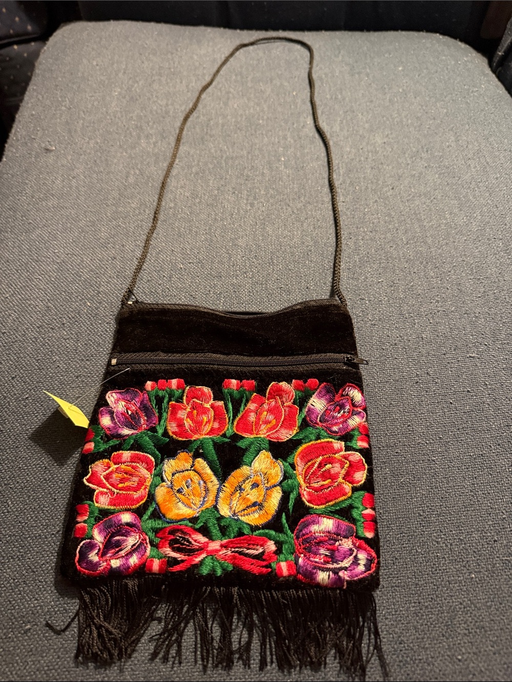 Source Unknown Black Velvet Crossbody Bag with Multicolor Floral Embroidery